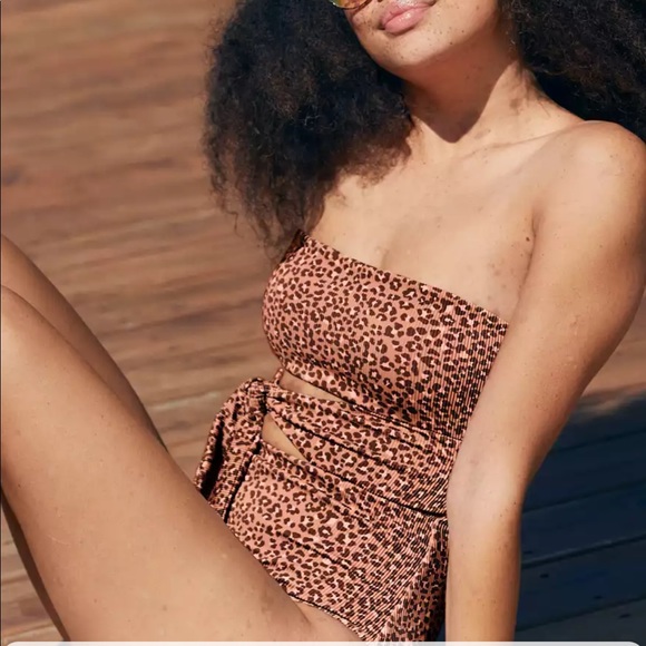 aerie ribbed leopard wrap bandeau one piece swimsuit